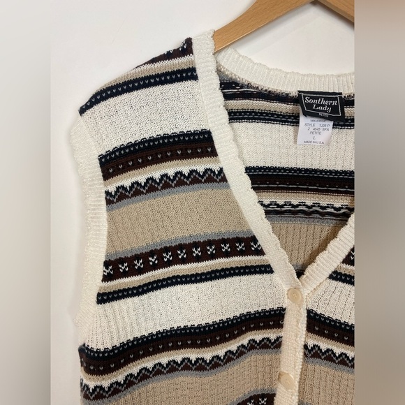 Vintage Southern Lady Stripe Sweater Vest neutrals P/Large Coastal fair isle - Picture 1 of 8
